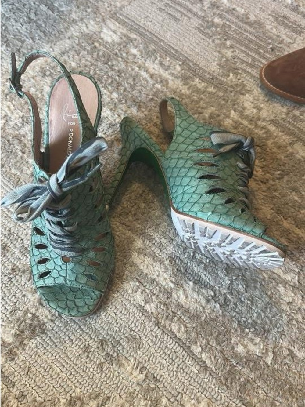 Donald J. Pliner Teal Green Textured Lace-Up Slingback Heels